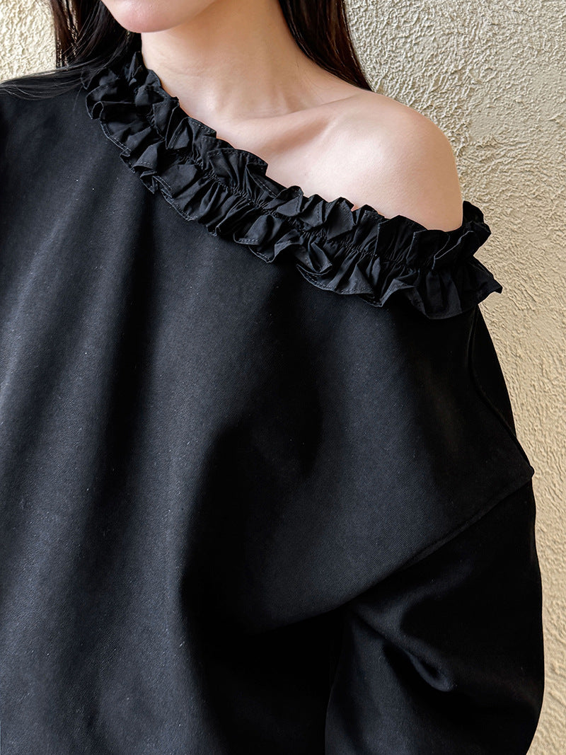 Luxi, Korean version of fungus lace slanted shoulder long-sleeved sweater women's spring new loose casual versatile top 2903
