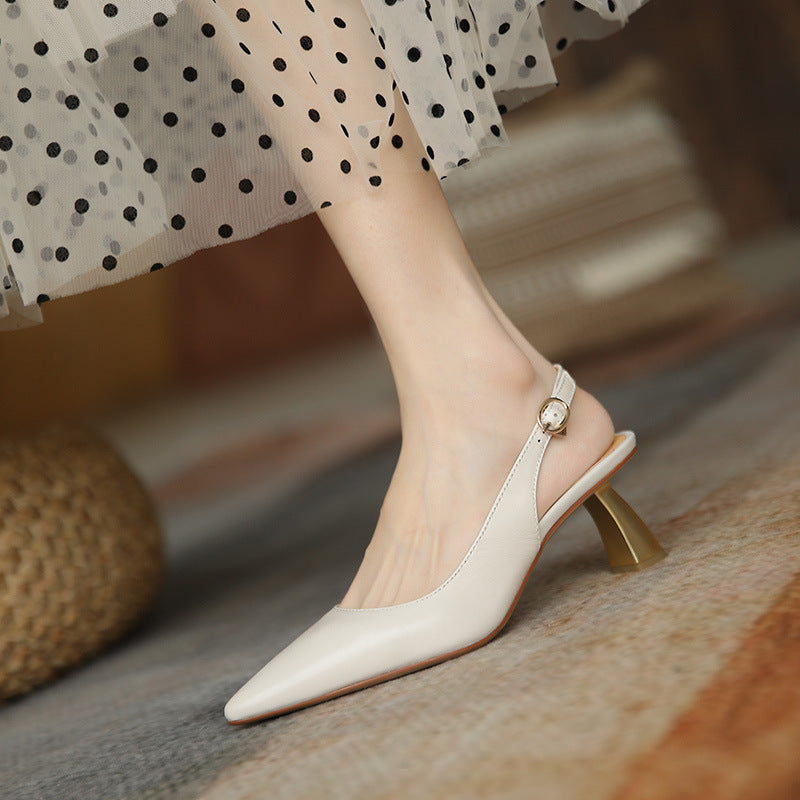 xiangtuibao Women's High-Heeled Shoes Spring/Summer New Style Retro Chunky Heel Shoes Pointed Toe Low-Cut Ankle-Strap Buckle Closed Toe Sandals