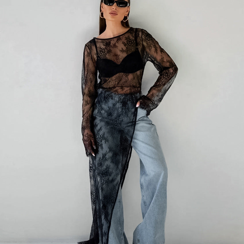 2025 Sexy black perspective dress brocade lace round neck long sleeve split asymmetric dress summer versatile dress