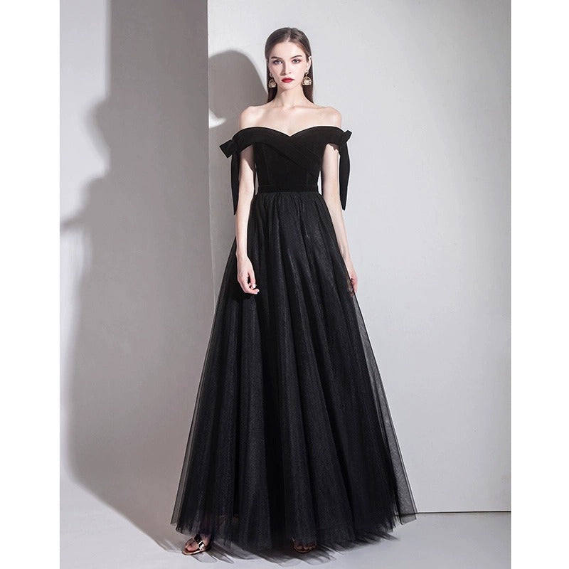 2025 One-word shoulder black evening dress, high-end sense, light luxury, niche banquet host, art test dress, temperament, celebrity dress