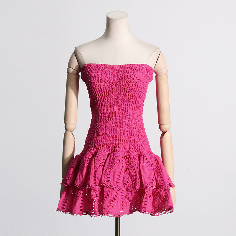 2025 Summer New European and American Sexy Hot Girl Style Elastic Waist Tube Top Embroidered Ruffled Short Dress Women