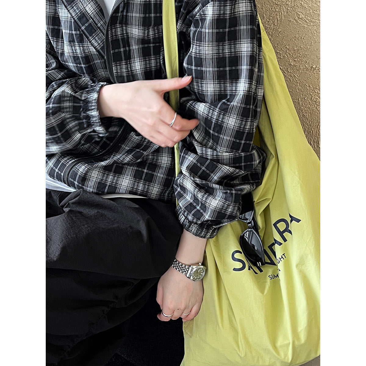 Luxi, retro contrasting color plaid jacket women's popular autumn new long-sleeved loose drawstring hooded top 3990