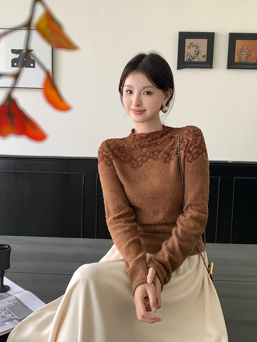 2025 popular autumn and winter new temperament round neck lace polished bottoming shirt women's versatile top tide 89129