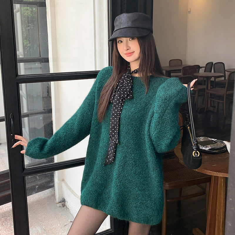 2025 popular autumn and winter loose long-sleeved temperament wool long-sleeved solid color knitted sweater sweater women 25193