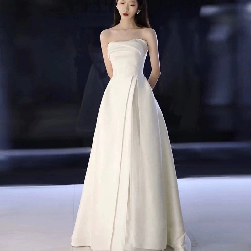 2025 tube top satin light wedding dress bridal toast dress temperament simple and thin banquet dress wedding evening dress