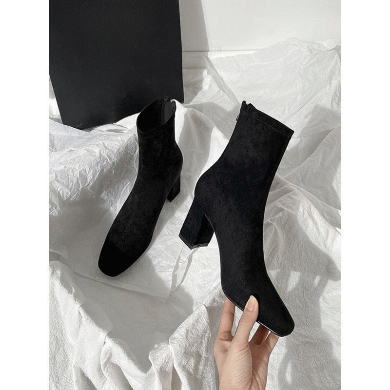 2025 Brown short boots women's high heels autumn and winter new suede rear zipper small ankle boots thick heel elastic square head thin boots