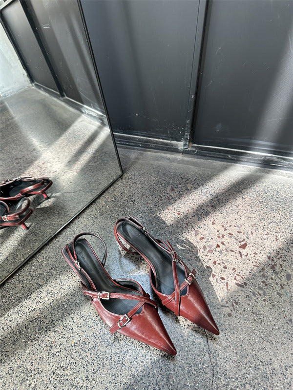 xiangtuibao Style Black Patent Leather High Heels Spring New European and American Elegant Socialite Closed Toe Back Empty Stiletto Sandals Women