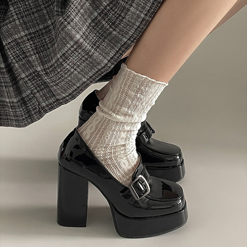 xiangtuibao Small Net Red Black Height Increasing Chunky Heel High Heels for Women New Spring and Autumn Retro Versatile Small Leather Shoes