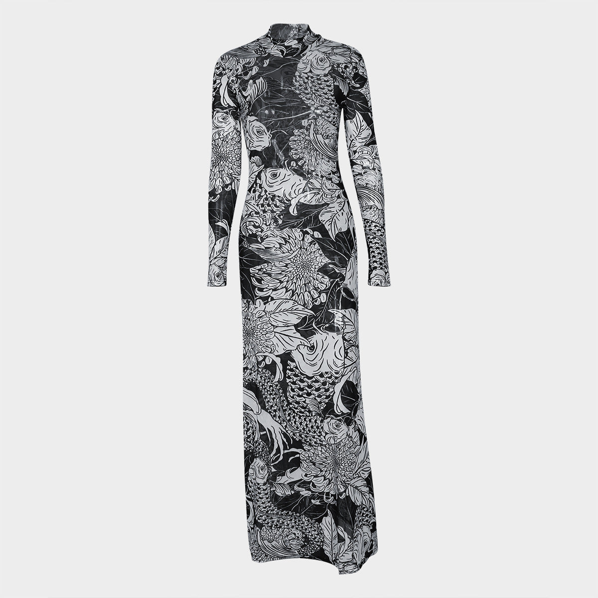 New women's clothing autumn new fashion mesh printing perspective turtleneck slim and thin dress women