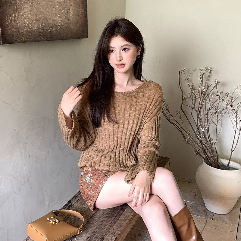 2025 popular autumn new Korean version versatile loose long-sleeved wool knitted sweater women's crew neck sweater 25017