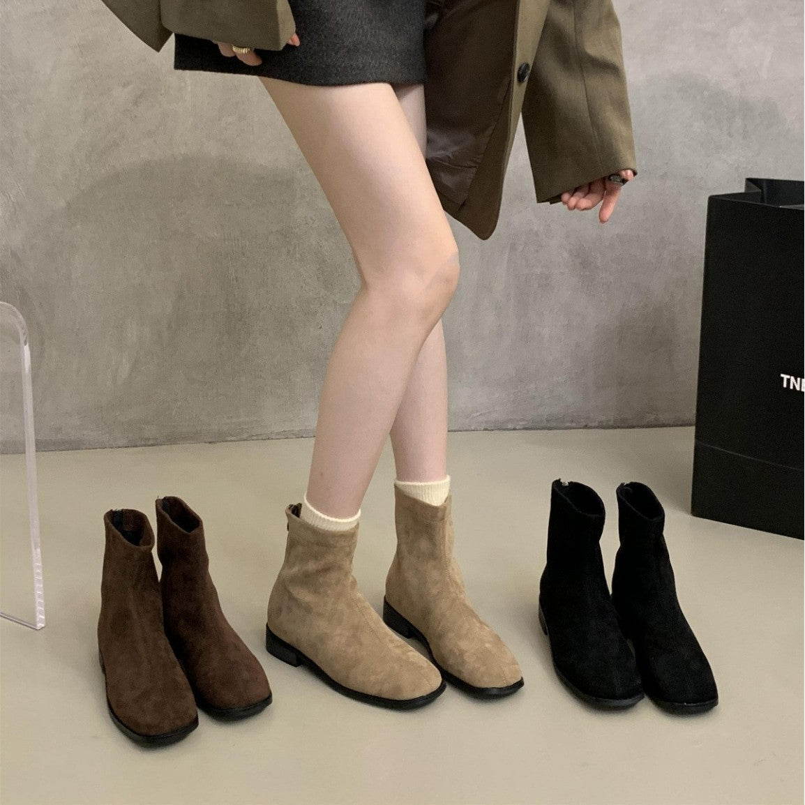 2025 thick heel suede square head thin boots women's boots popular new short boots spring and autumn single boots thin and ankle boots
