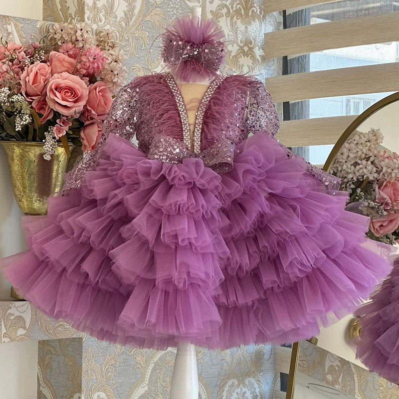 Xiangtuibao Princess Dress Girls' Western Style Dress V-neck Long Sleeve Little Girl Dress Children's Piano Playing Catwalk Performance Costumes