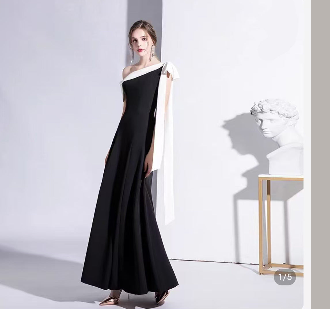 2025 Black evening dress women's spring new one-shoulder celebrity temperament banquet dress slim long daily dress