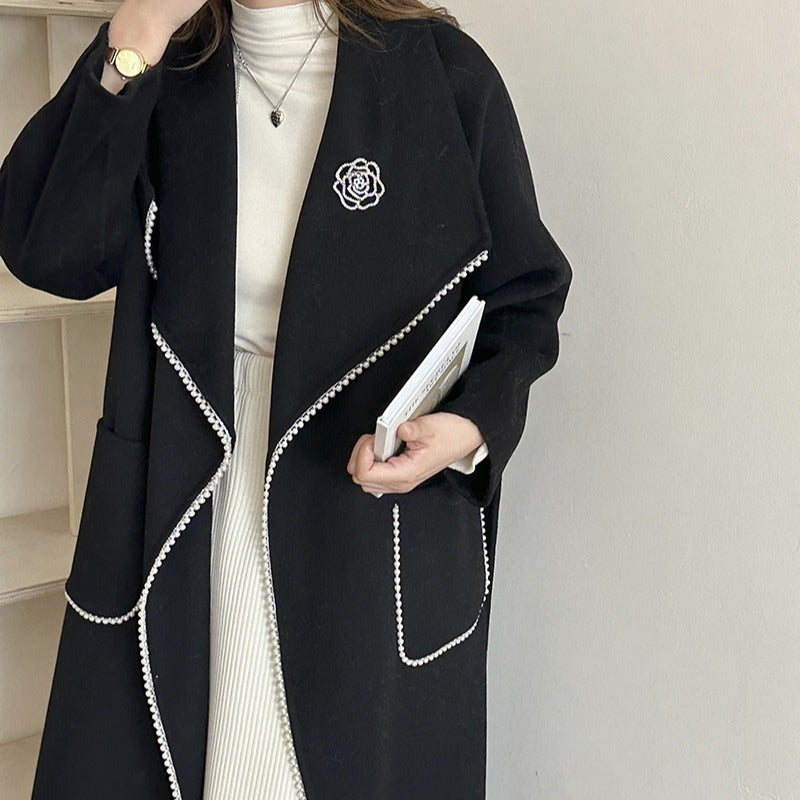 2025 Temperament design small fragrant wind bead trim decoration extended double-sided wool coat autumn and winter lace-up woolen