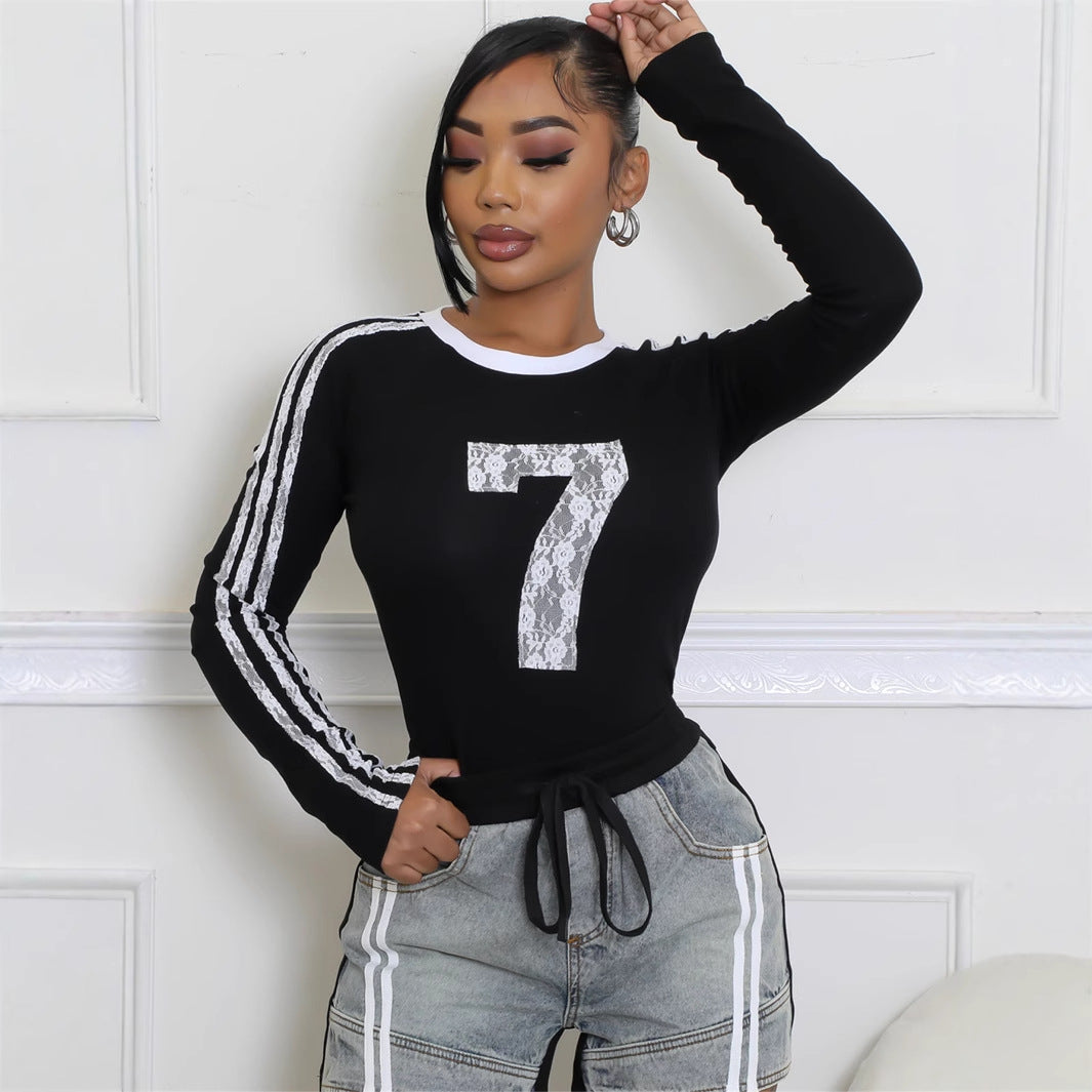 Autumn new New fashion retro slim fit sexy spice girl printed striped short long-sleeved top women