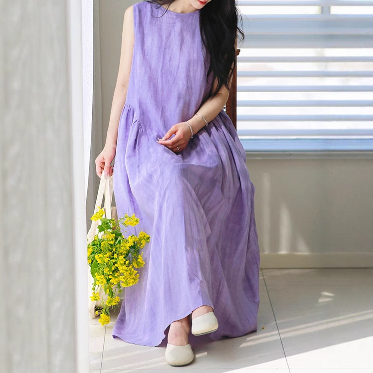 2025 summer new fried silk and hemp round neck sleeveless big pendulum long sleeveless dress vest skirt