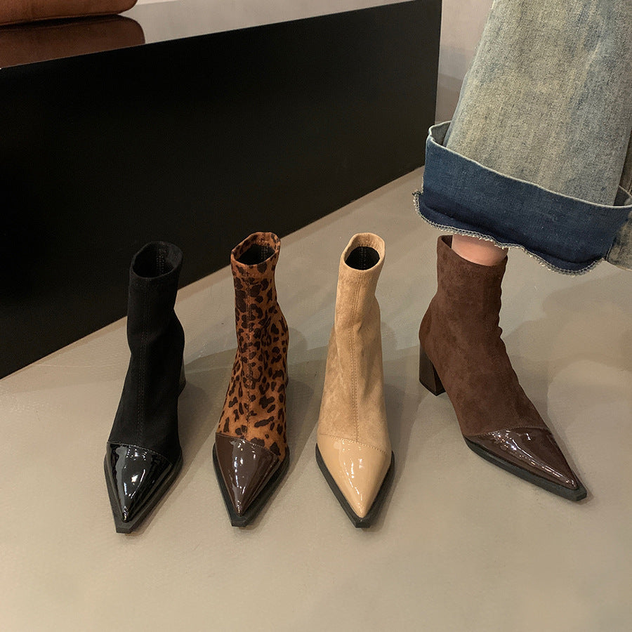 2025 Thick high heels pointed thin boots short boots women's shoes popular new autumn and winter single boots leopard print temperament small bare boots