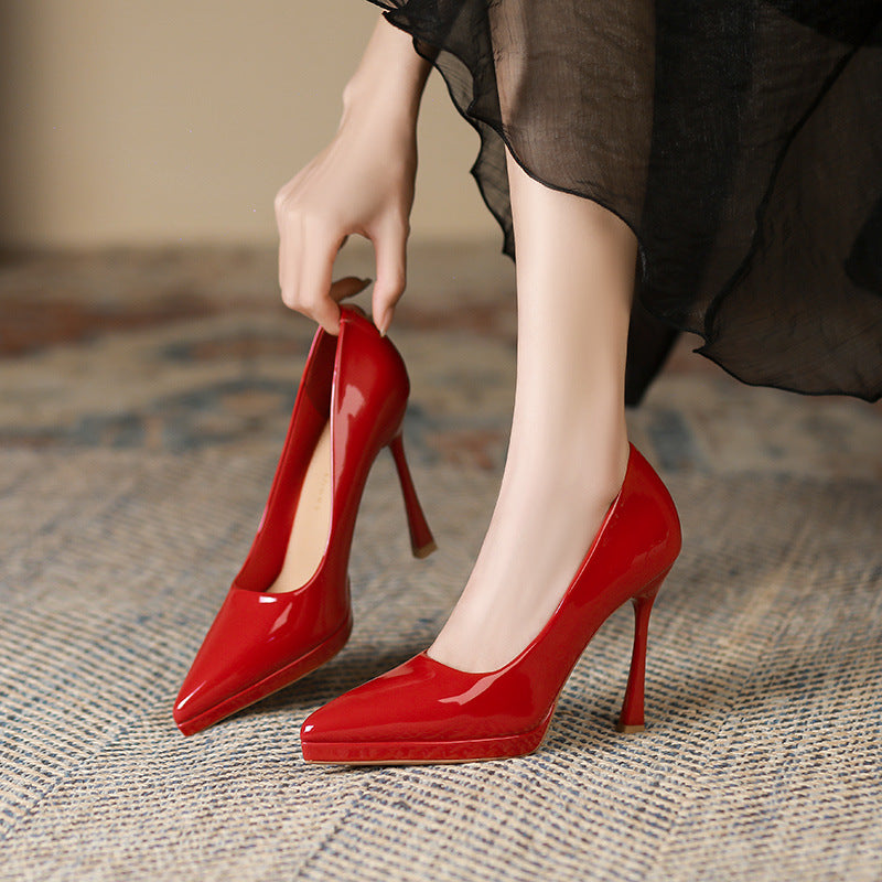 2025 1166-1 Solid color patent leather sexy super high heel waterproof table women's shoes 2025 new pointed stiletto high heels