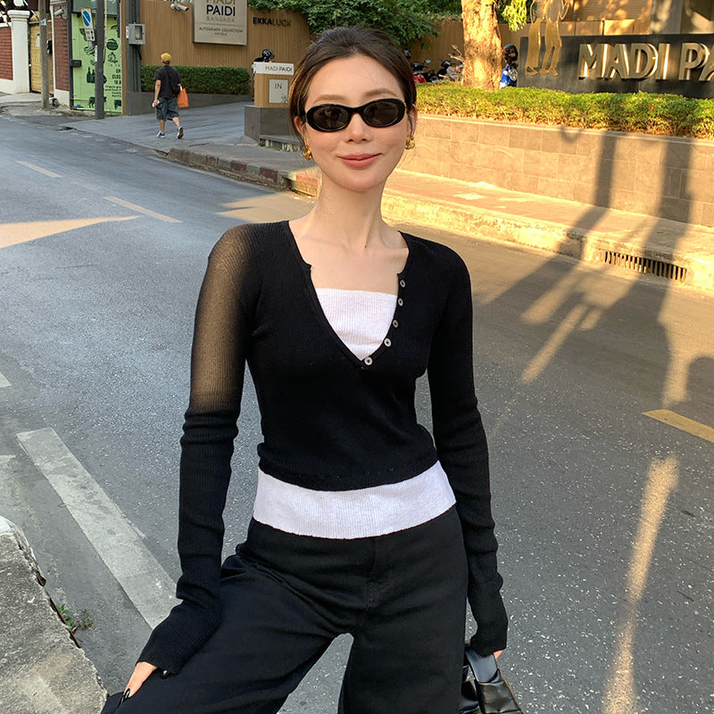 2025 spring new versatile wool color matching bottoming knitted sweater fake two long-sleeved top women 25221