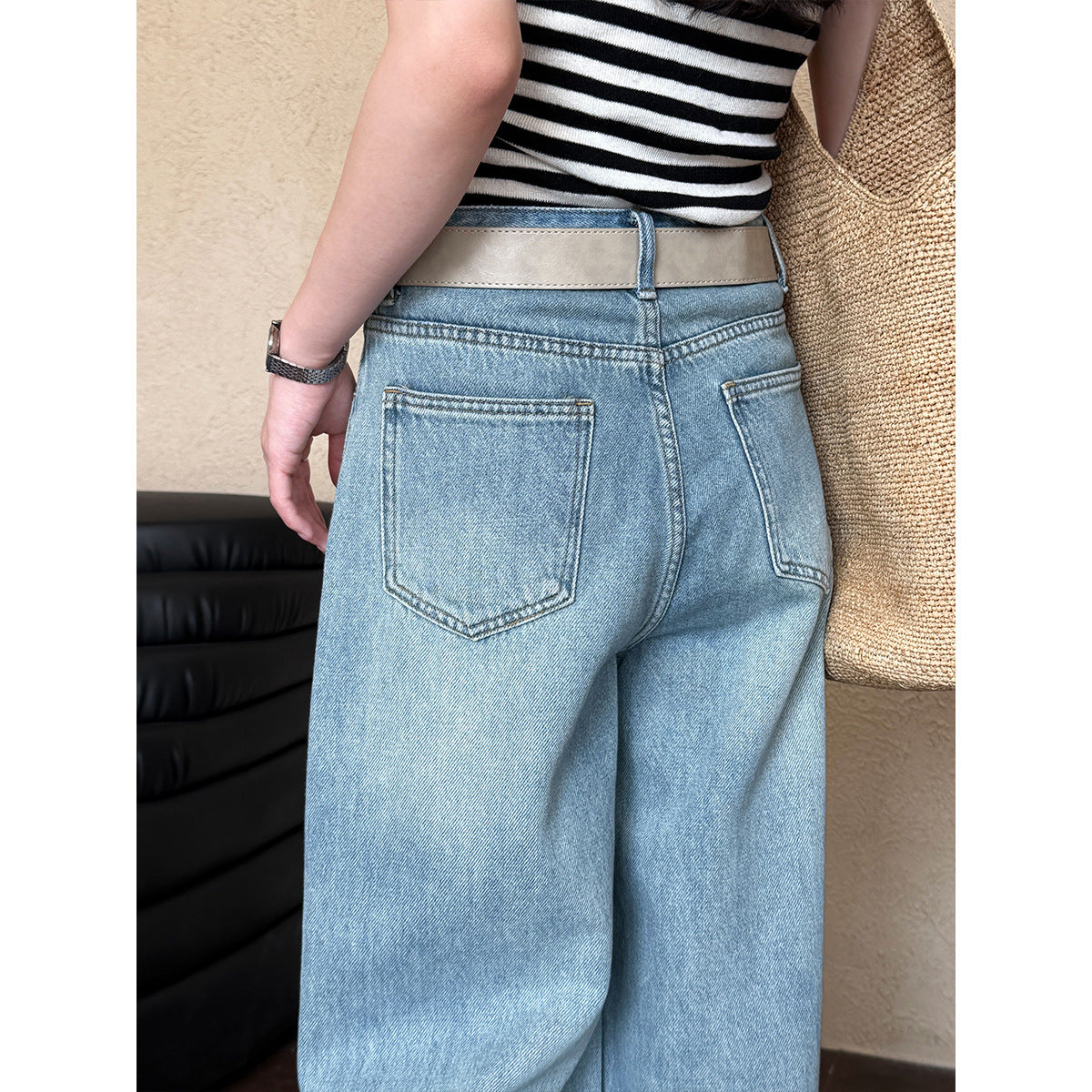 Luxi, Korean denim high-waisted and thin wide-leg pants women's spring new casual versatile classic straight-leg pants 68265