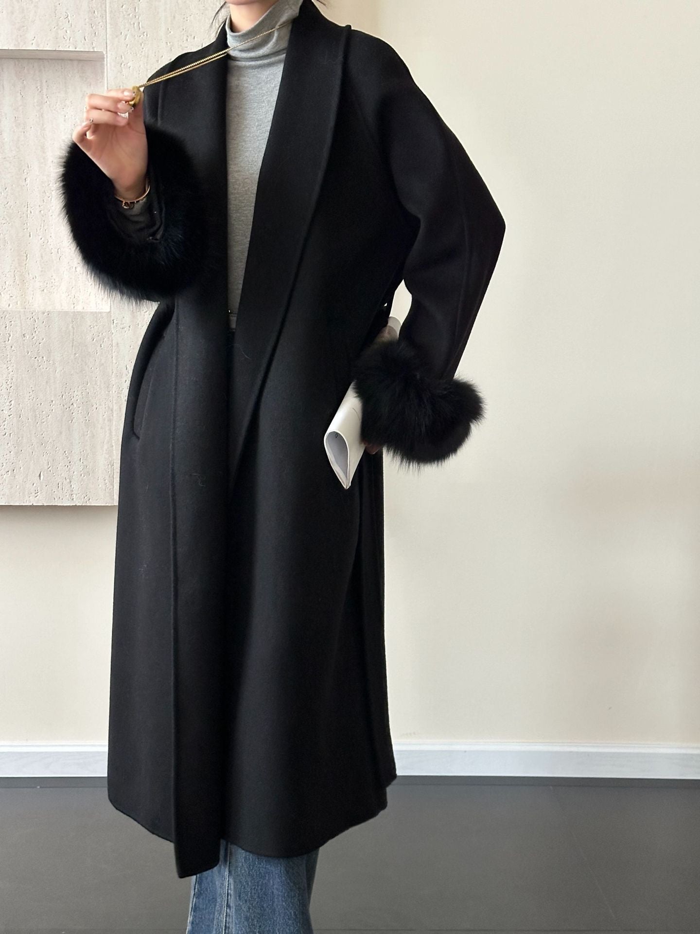 2025 Solid color lapel fox hair cuffs loose lace-up bathrobe double-sided wool coat woolen jacket women's warm autumn and winter