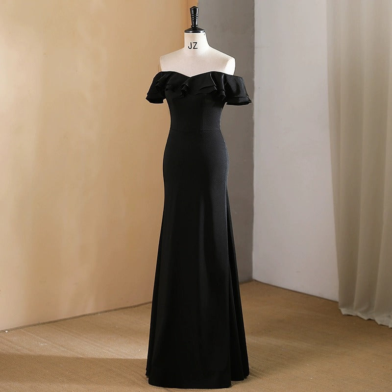 2025 One-word shoulder black piano evening dress new high-end high-end light luxury niche temperament banquet adult ceremony