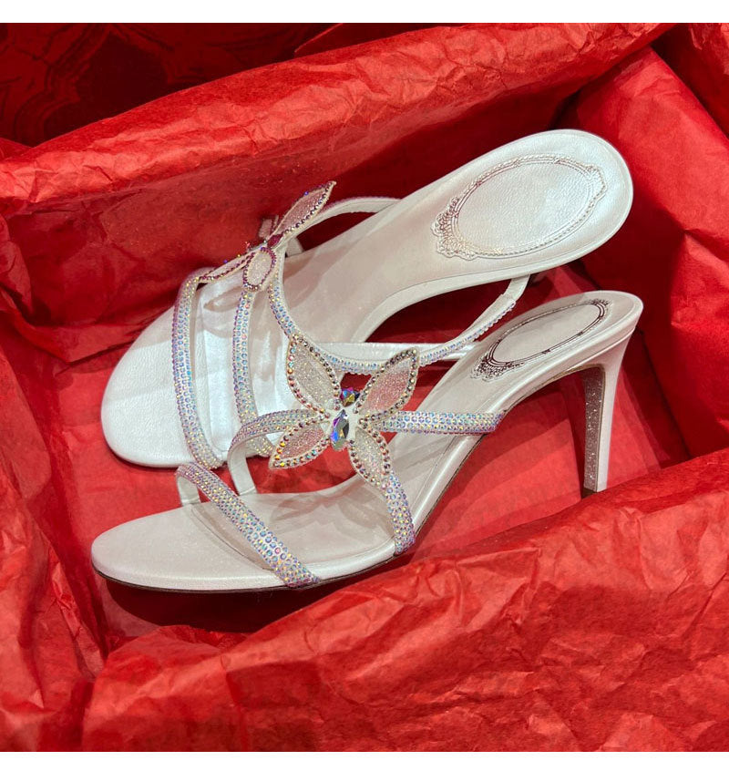 XIANGTUIBAO RC Rhinestone Sandals Spring New Stiletto Heel Fairy Style Open Toe Slippers Women's Bow Cross Strap High Heels