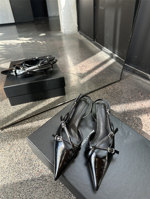 xiangtuibao Style Black Patent Leather High Heels Spring New European and American Elegant Socialite Closed Toe Back Empty Stiletto Sandals Women