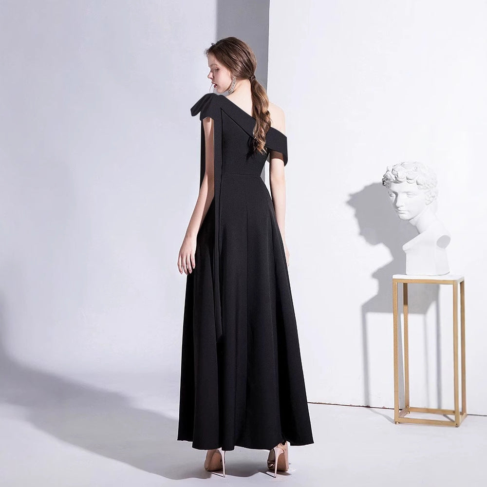 2025 Black evening dress women's spring new one-shoulder celebrity temperament banquet dress slim long daily dress