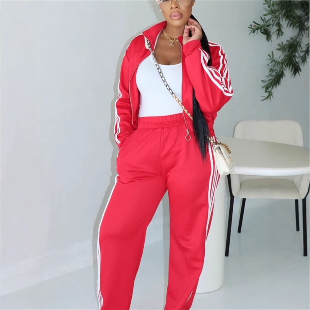 Autumn new New fashion loose leisure sports style solid color long-sleeved top jacket trousers suit women