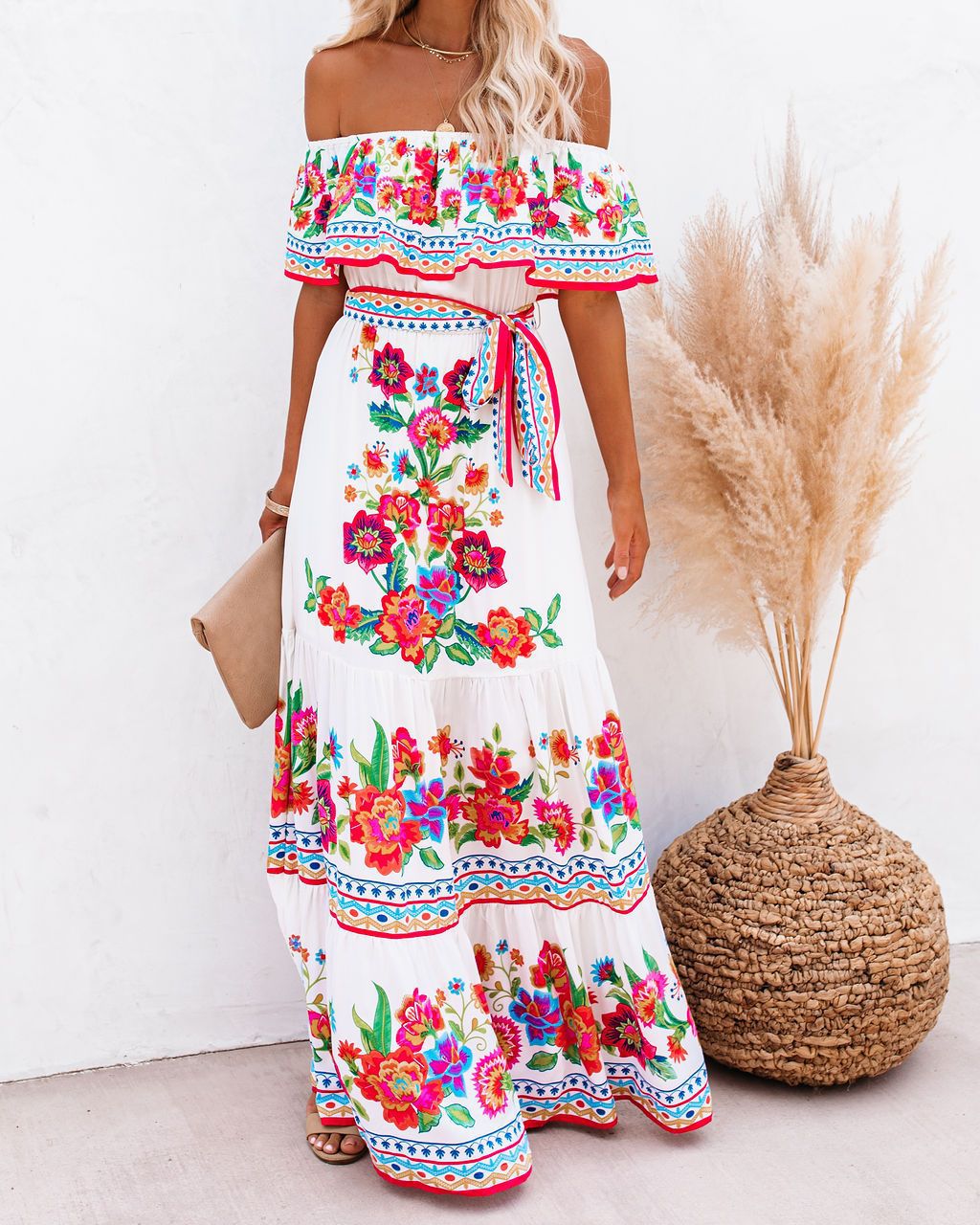 2023 New New Popularan, 2025n Spring and Summer Shoulder Safflower Printing Long Pendulum Dress Women