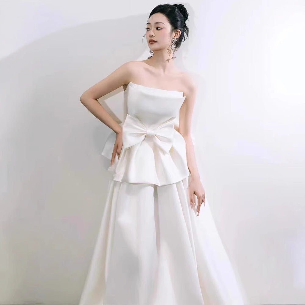 2025 tube top light wedding dress bride simple niche satin temperament go out yarn Mori bow engagement dress skirt