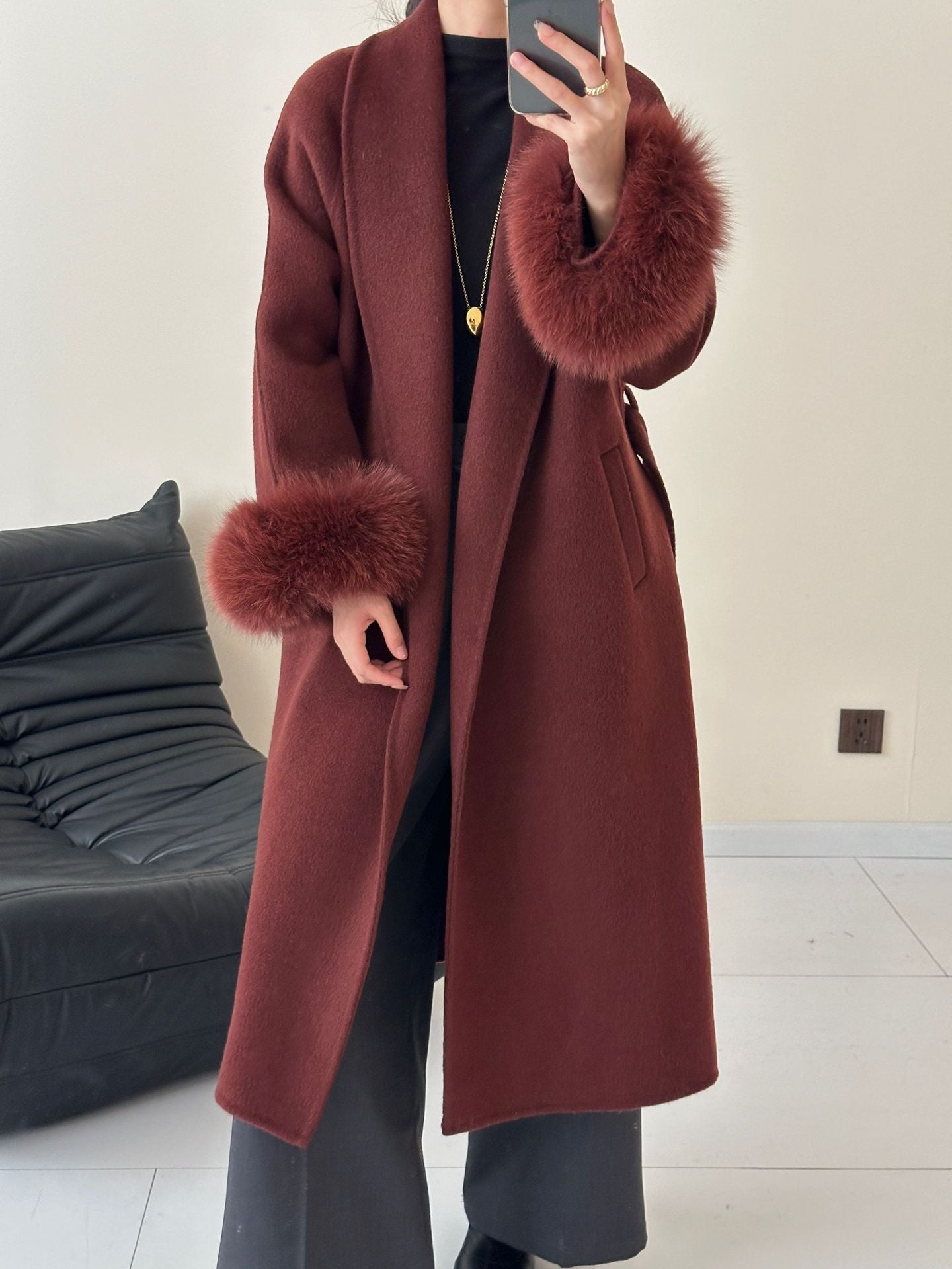 2025 Solid color lapel fox hair cuffs loose lace-up bathrobe double-sided wool coat woolen jacket women's warm autumn and winter