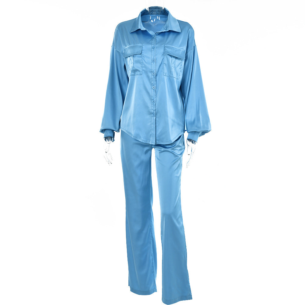 2025 new elegant light and mature wind loose two-piece set women's solid color button-down lapel top high-waisted straight pants set