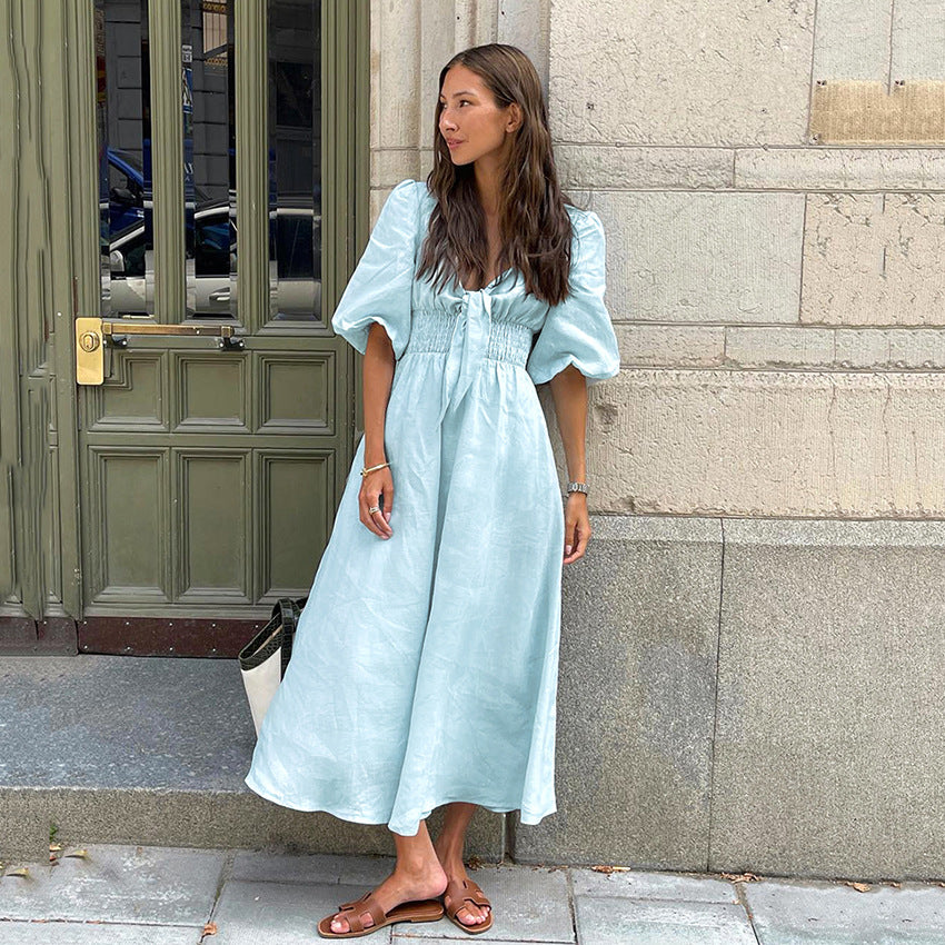2025 Cross-border summer new elegant long dress sexy low-cut V-neck bubble sleeve high-waisted cotton and linen dress