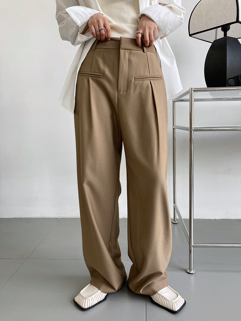 Luxi, spring and autumn design double pocket drape floor pants women's Korean version loose casual wide-leg suit pants 1056