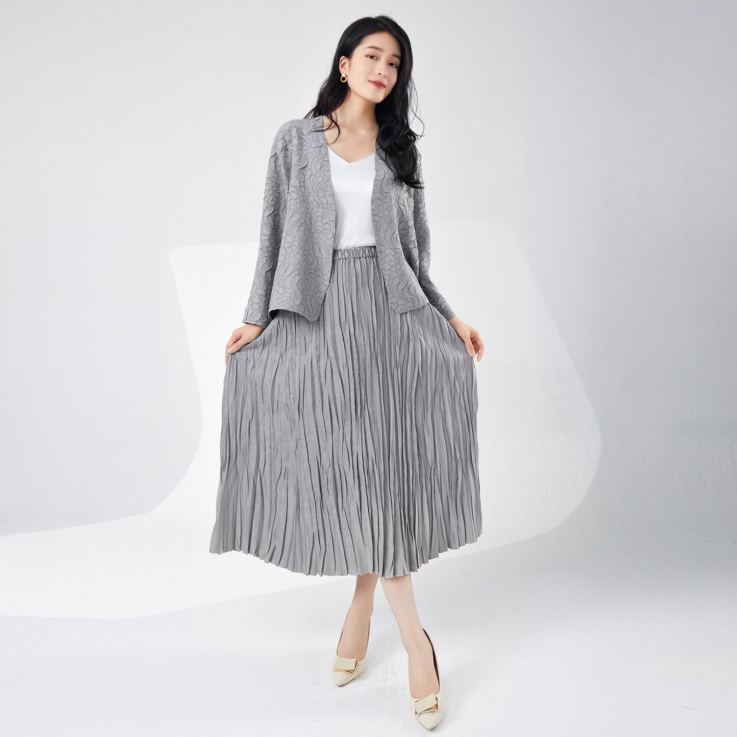 2025 High-end women's clothing suit skirt spring women's design cardigan jacket medium and long skirt versatile pleated two-piece set