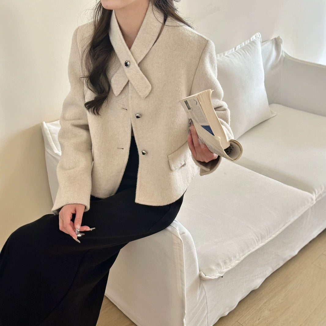 2025 Scarf collar Solid color small fragrant wind round neck single-breasted front shoulder short double-sided wool woolen coat coat women
