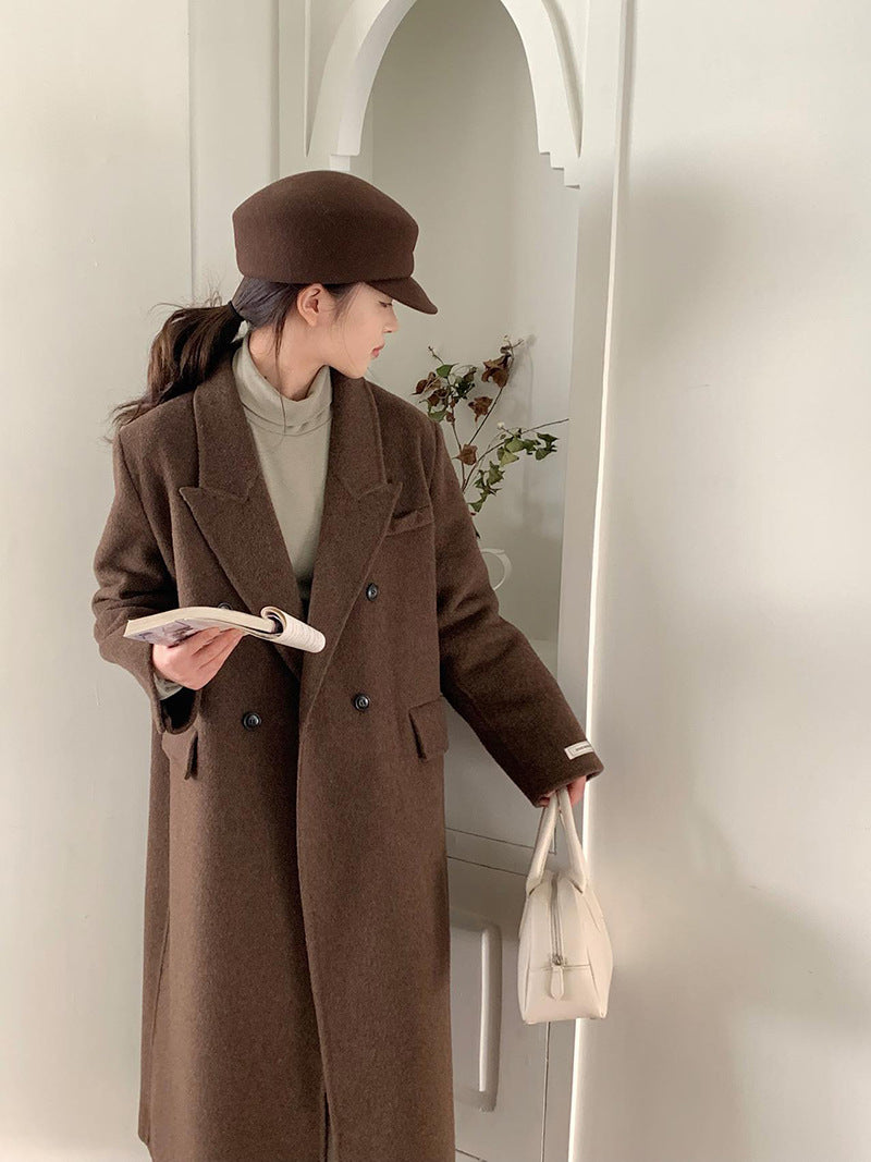 2025 Double-breasted flap Korean extended suit collar double-sided wool coat temperament popular autumn and winter woolen coat women