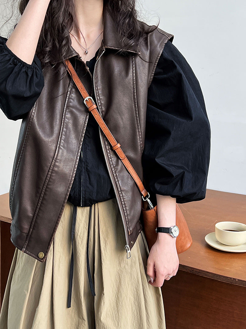 Luxi, early autumn new Korean lazy V-neck zipper long-sleeved shirt women's design sense niche Popular style top 7056