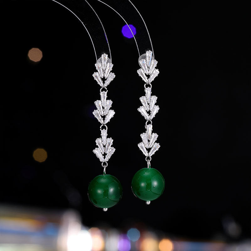 2025 Guofeng new Chinese retro green agate earrings long fringed zircon exquisite high-end light luxury S925 silver needle earrings
