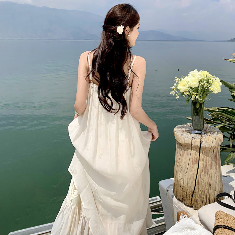 2025 Seaside Banna Yunnan Holiday Dress Niche Premium Sense Simple Super Immortal Fungus Edge Folded Suspender Skirt