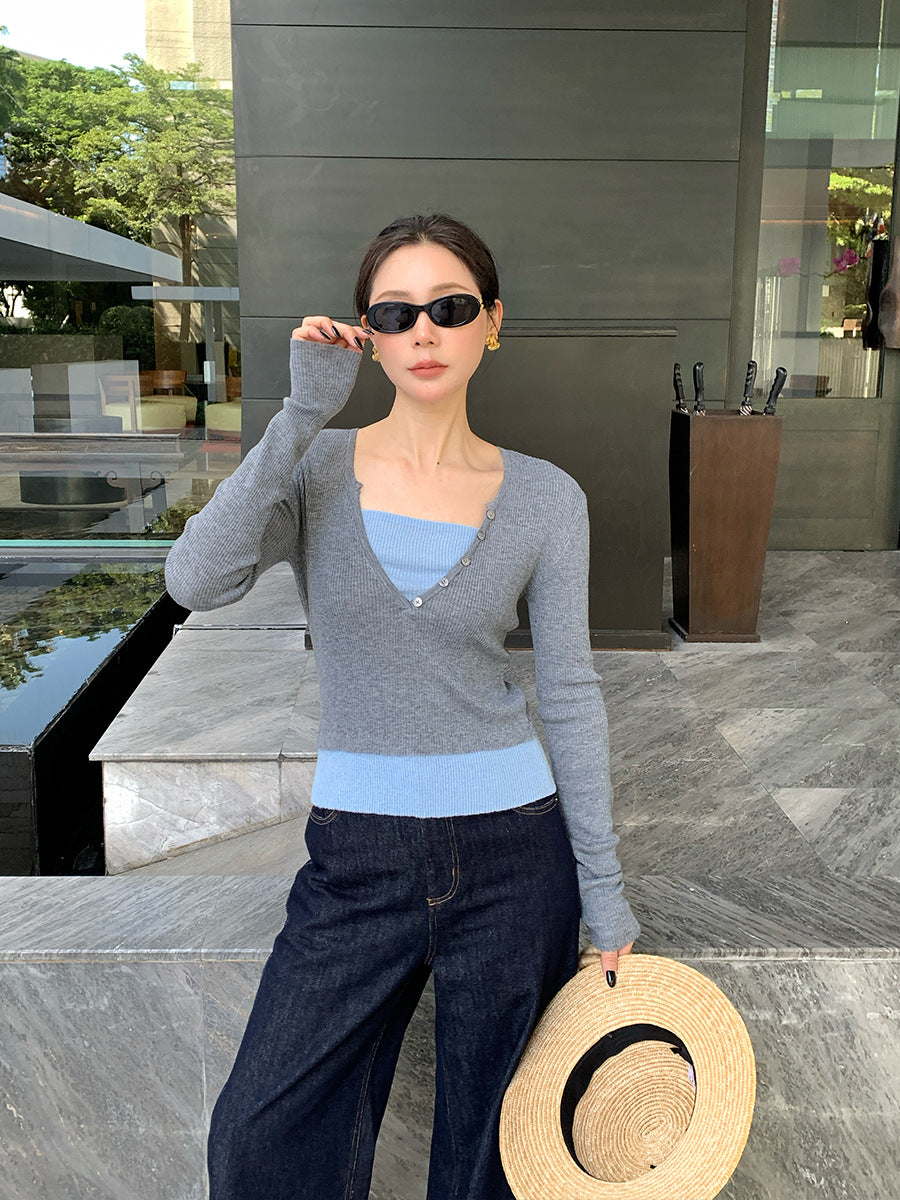 2025 spring new versatile wool color matching bottoming knitted sweater fake two long-sleeved top women 25221