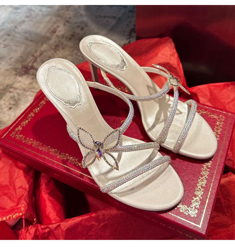 XIANGTUIBAO RC Rhinestone Sandals Spring New Stiletto Heel Fairy Style Open Toe Slippers Women's Bow Cross Strap High Heels