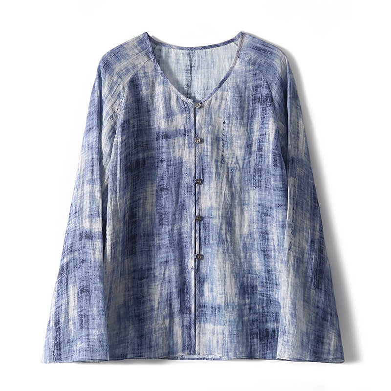 2025 100% ramie smudged small lining new Chinese casual shirt spring and summer printed shirt national style women's top