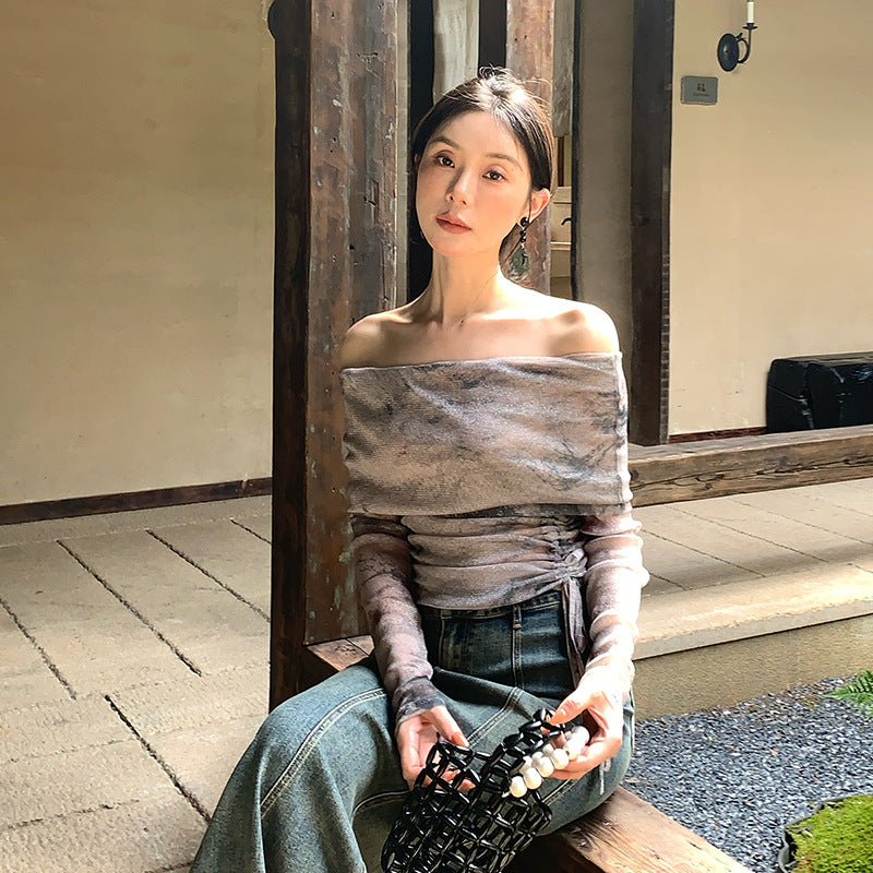 2025 popular autumn new temperament one-word collar versatile bottoming shirt long-sleeved knitted sweater women's top 89070