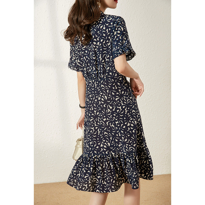 2025 summer women's clothing mulberry silk medium and long first love coffee break skirt silk fishtail dress bow floral skirt