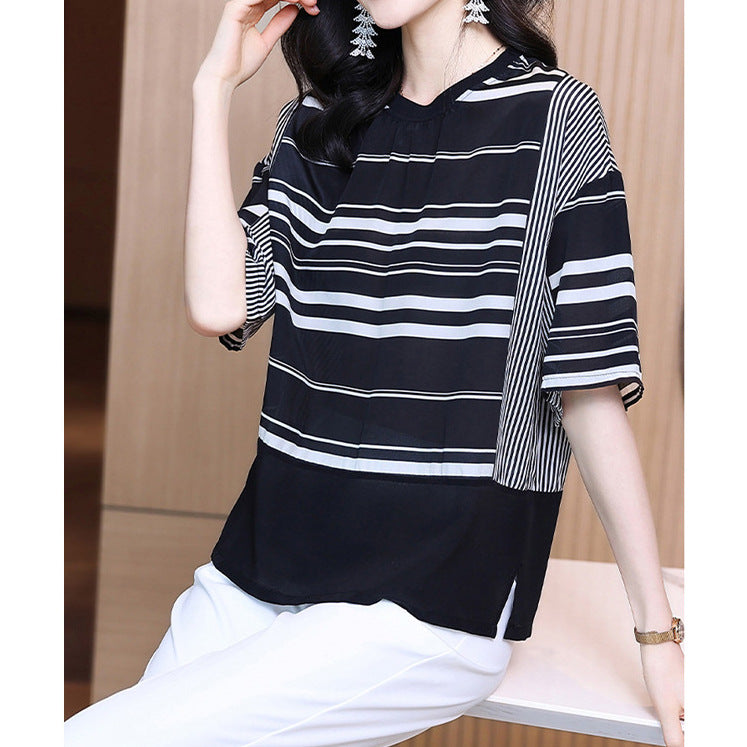 2025 Heavy silk, design striped T-shirt summer new women's loose, bat-sleeved mulberry silk top