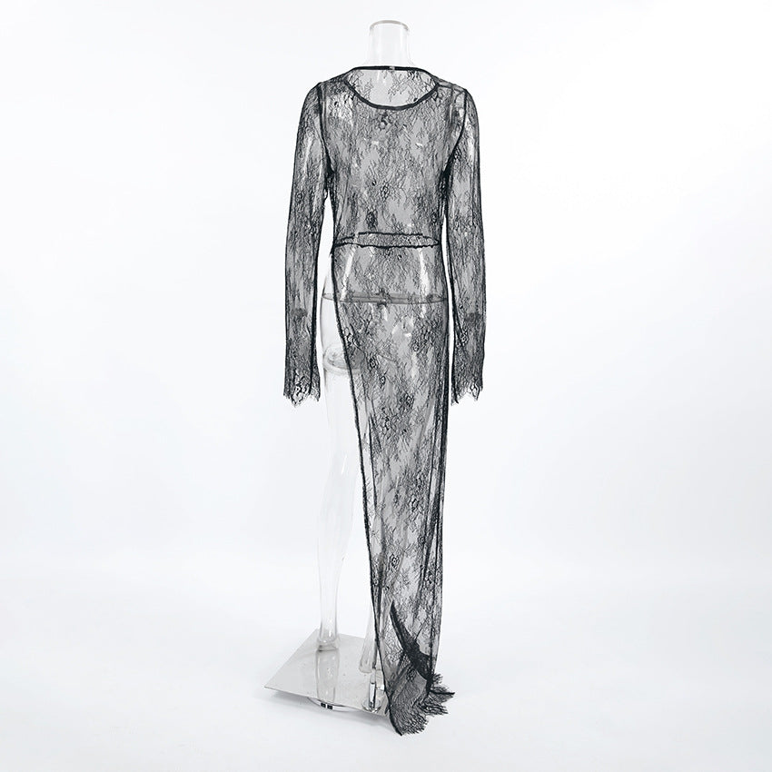 2025 Sexy black perspective dress brocade lace round neck long sleeve split asymmetric dress summer versatile dress