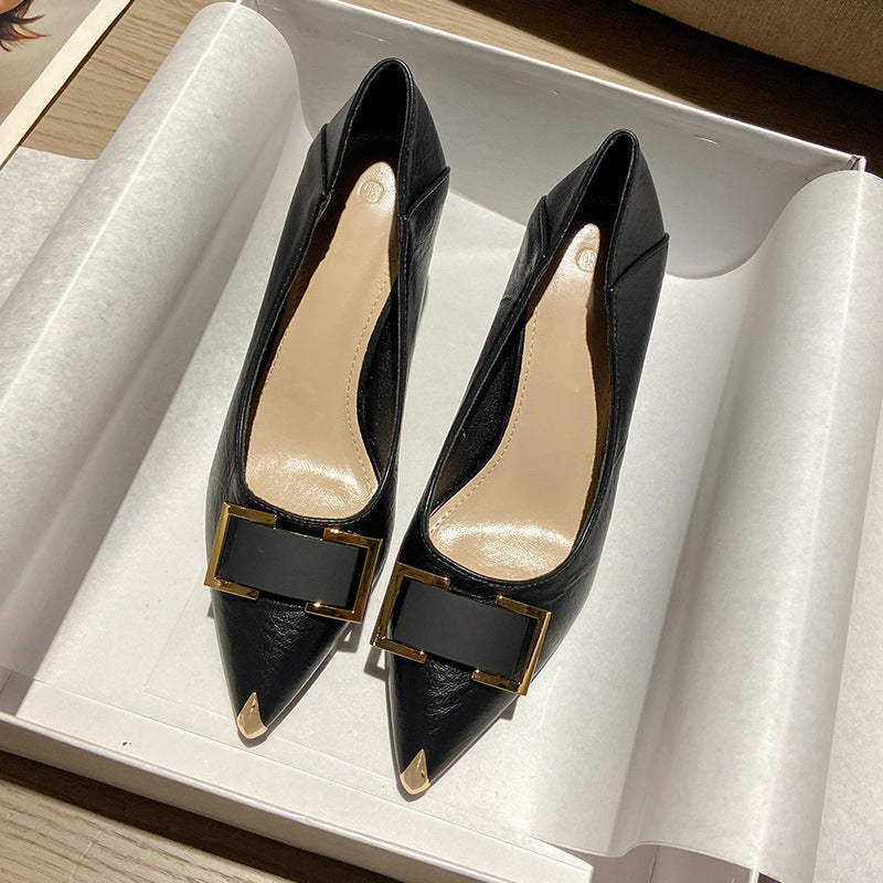 XIANGTUIBAO Pointed Toe Pumps Women's New Elegant Metal Buckle Fairy Shoes Fashion All-Match Stiletto Heel High Heels 33 Small Size Fashion